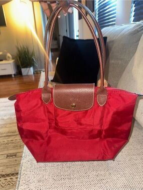 Longchamp Red Tote Bag with Brown Leather Trim